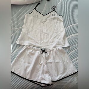 White Polka Dot Pajama Set with Black Trim
